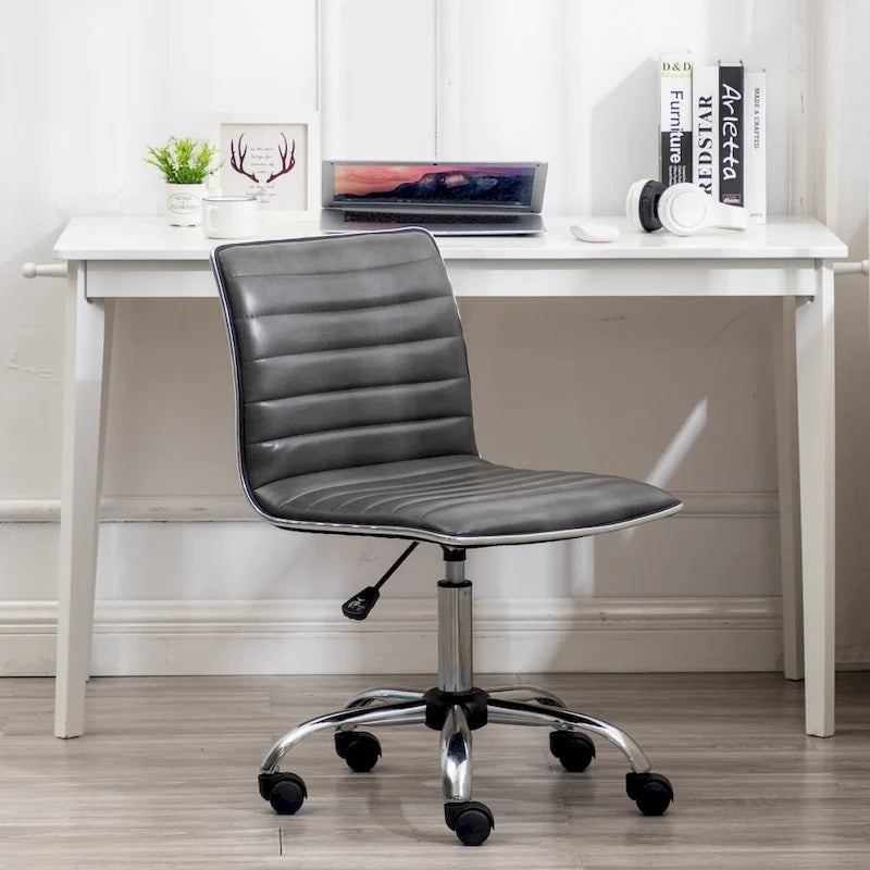 Grey Faux Leather Mid-Back Armless Swivel Task Chair with Lumbar Support for 1 Person