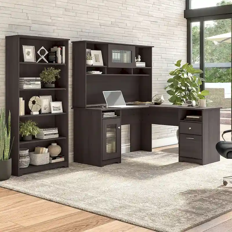 60" L-Shaped Computer Desk with Hutch, 5-Shelf Bookcase & File Drawer, 200 lb Desktop Capacity