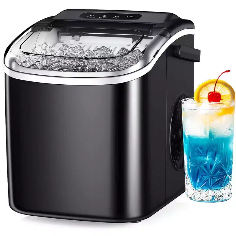 Simzlife Ice Maker Countertop, 26 Lbs/24H, Bullet Ice, 9 Pcs/6 Min, Portable Machine with Handle, Auto-Cleaning, Ultra Quiet, Smart Operation, Black