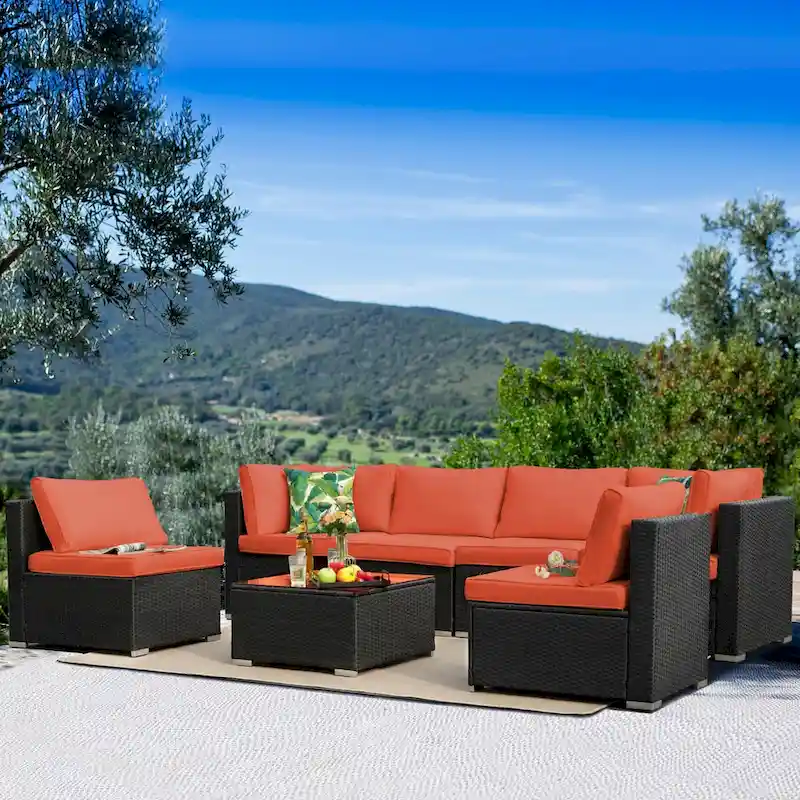 Black 7-Piece Wicker Outdoor Sectional Set Patio Sofa Set with Orange Cushions and Coffee Table
