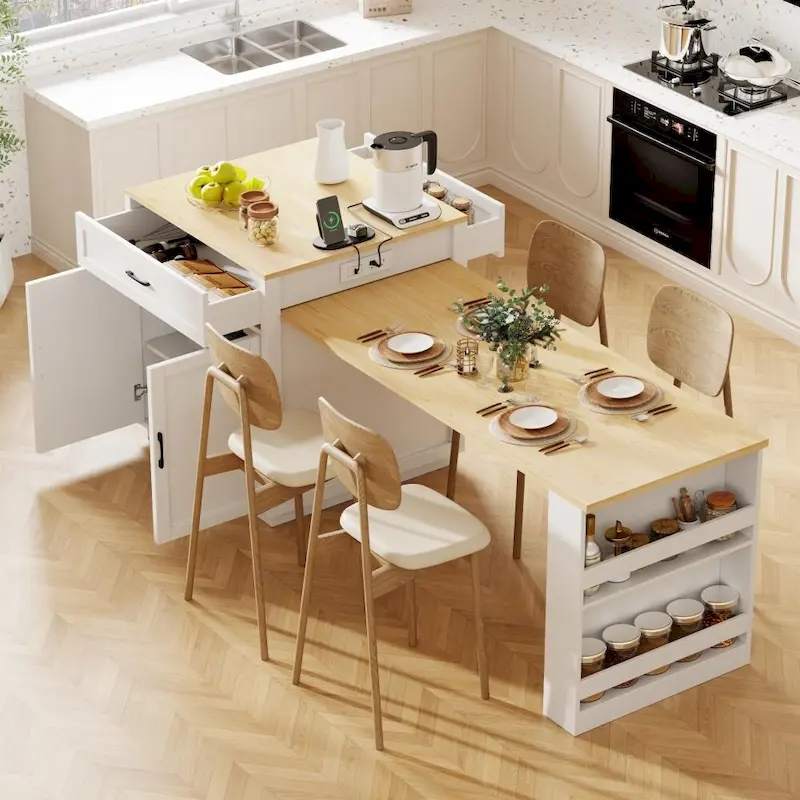 82.7 Wooden 4-6 Person Kitchen Island with Extendable Dining Table and Double-sized Storage