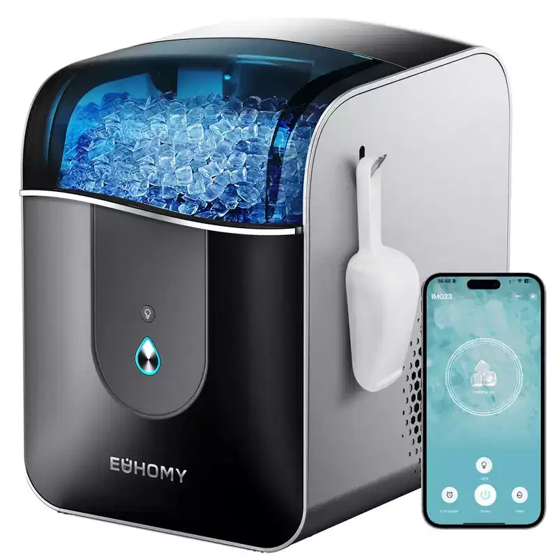 EUHOMY Smart Nugget Ice Maker Countertop, 40 Lbs/Day, APP Remote Control & LED Indicator, Self-Cleaning, Compact Design with Scoop, Black
