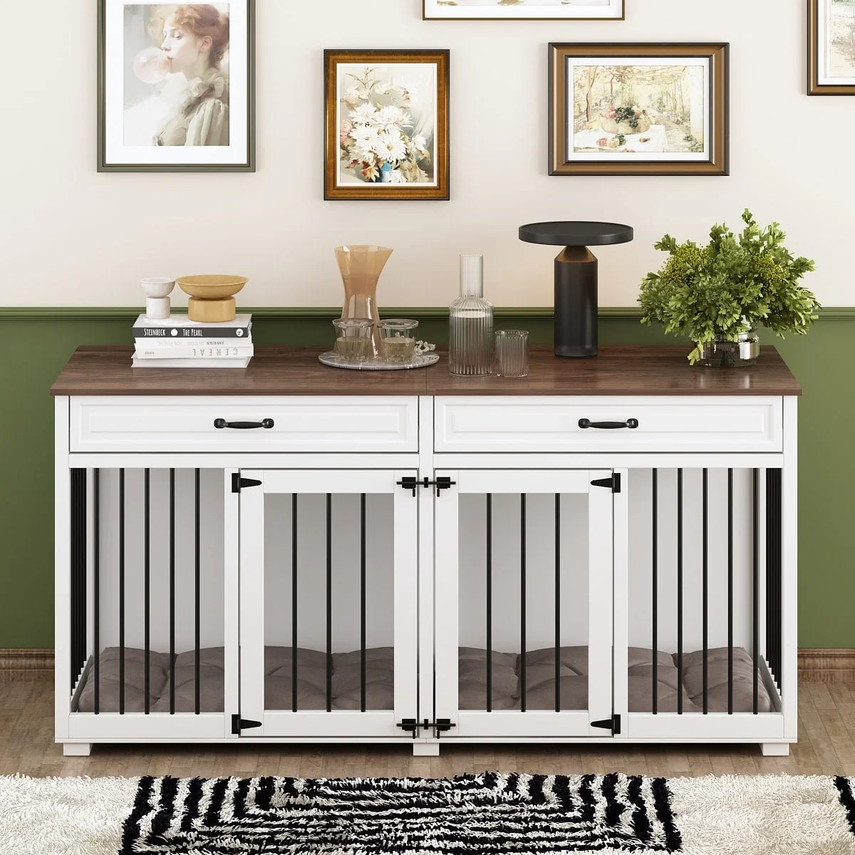 Wooden Double Dog Crate Kennel Furniture with 2 Drawers & Divider
