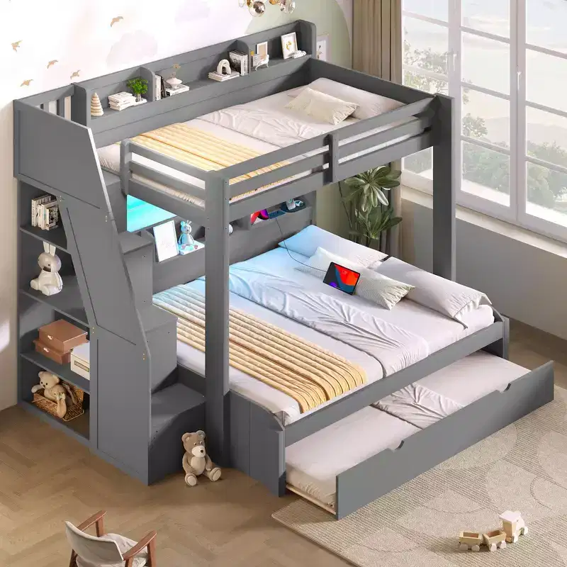 Whisen Twin over Full Bunk Bed Frame with Storage Staircase, Trundle, Storage Shelves