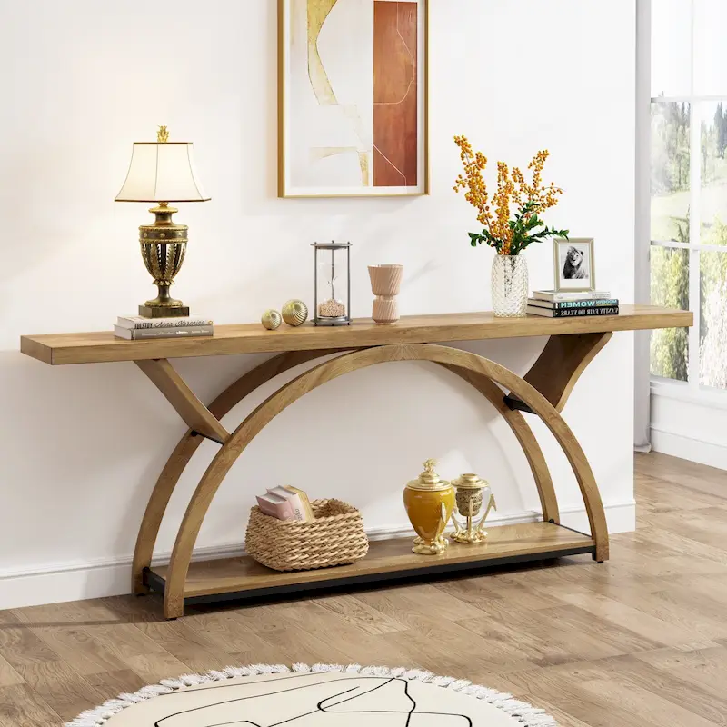 2-Tier Narrow Long Console Sofa Table with Semi-Circular Frame for Entryway,Gray Hallway Accent Tables
