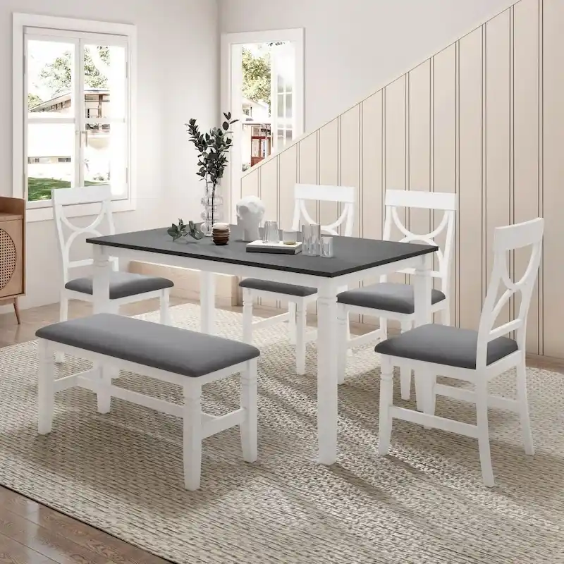 6-Piece Wood Dining Table Set Kitchen Table Set with Upholstered Bench and 4 Dining Chairs