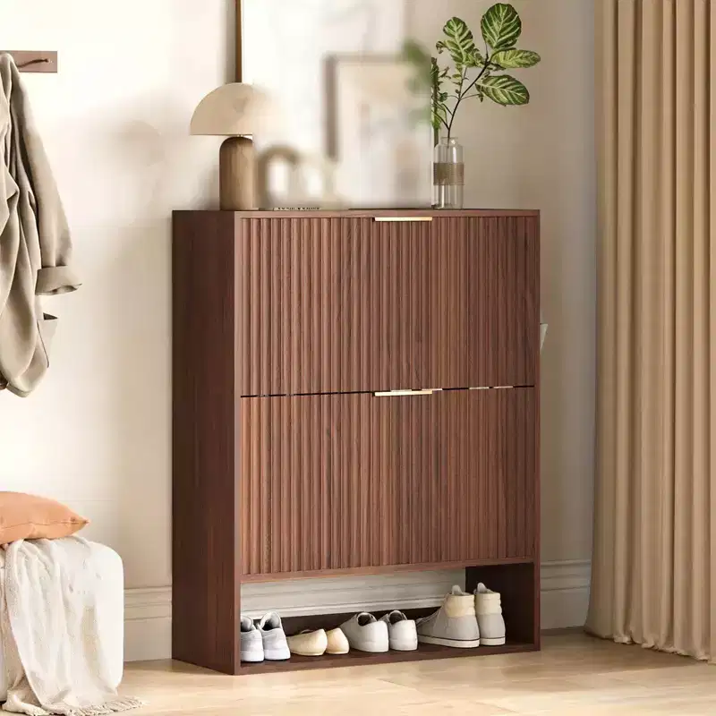 31.5'' Shoe Cabinet for Entryway with 2 Flip Drawers, Fluted Slim Shoe Storage Cabinet, Narrow Free Standing Wooden Shoes Organizer