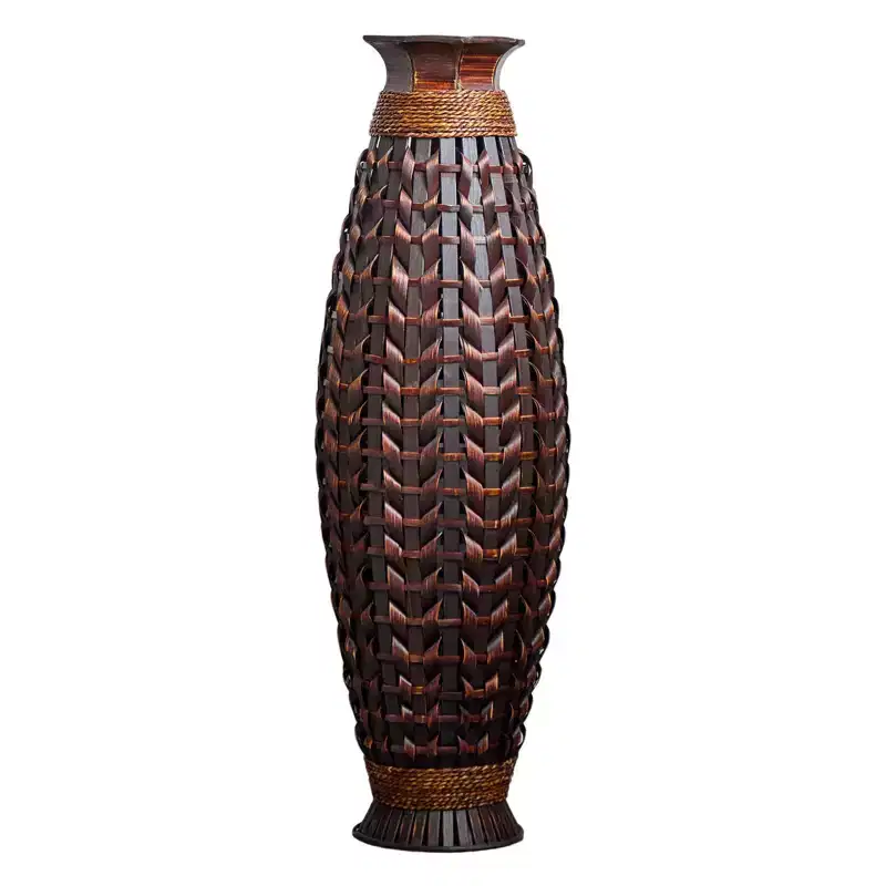 NAYSAYE Handwoven Natural Bamboo Floor Vase, Boho Rustic Vase for Living Room, Pampas Grass & Dried Branches Decor, Acacia Wood, 9.84*9.84*40.9