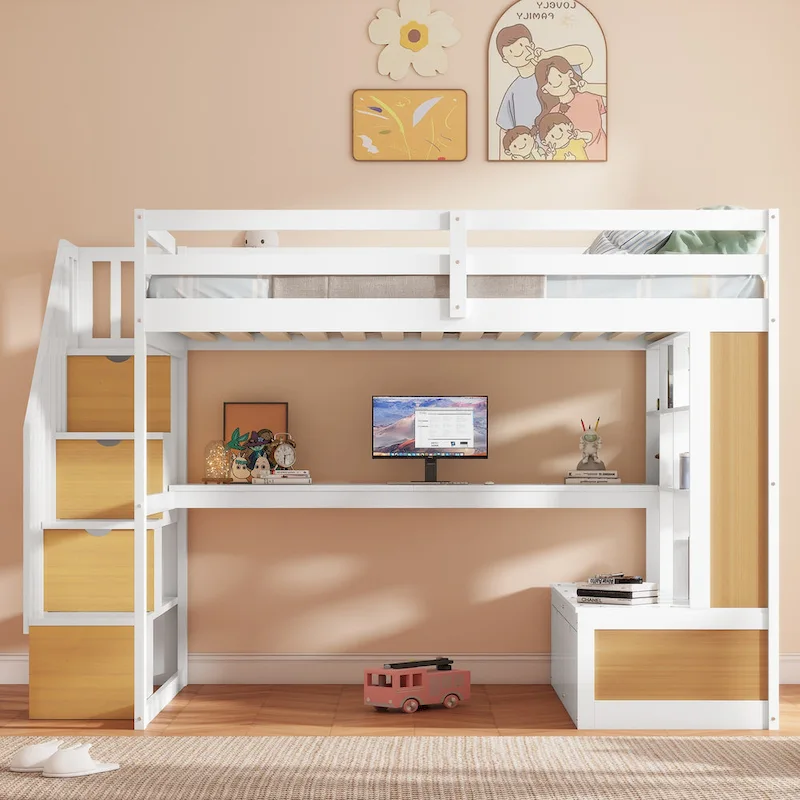 Full Size Solid Wood Loft Bed with Desk, Shelves, Two Drawers and Storage Staircase