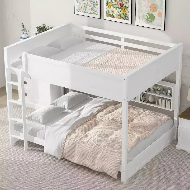 Bellemave Queen over Queen Bunk Bed with Storage Cabinets and USB Ports, White