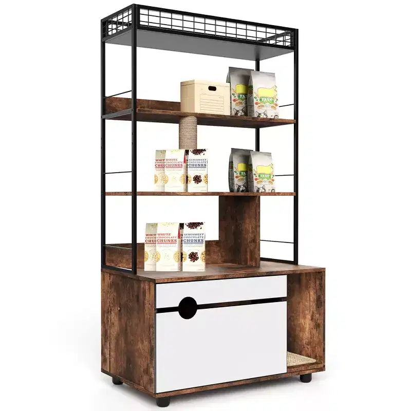 COZONY Hidden Cat Litter Box Furniture, Wooden Cabinet Enclosure with Storage Shelves and Scratching Post, Indoor Pet House Organizer