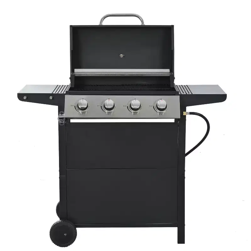 Okak Gas Grill with 4 Burners and 34,000 BTU, Outdoor Grill with Two Shelves, Lid, Wheels and Bottle Opener, Bbq Grill for Cooking, Black