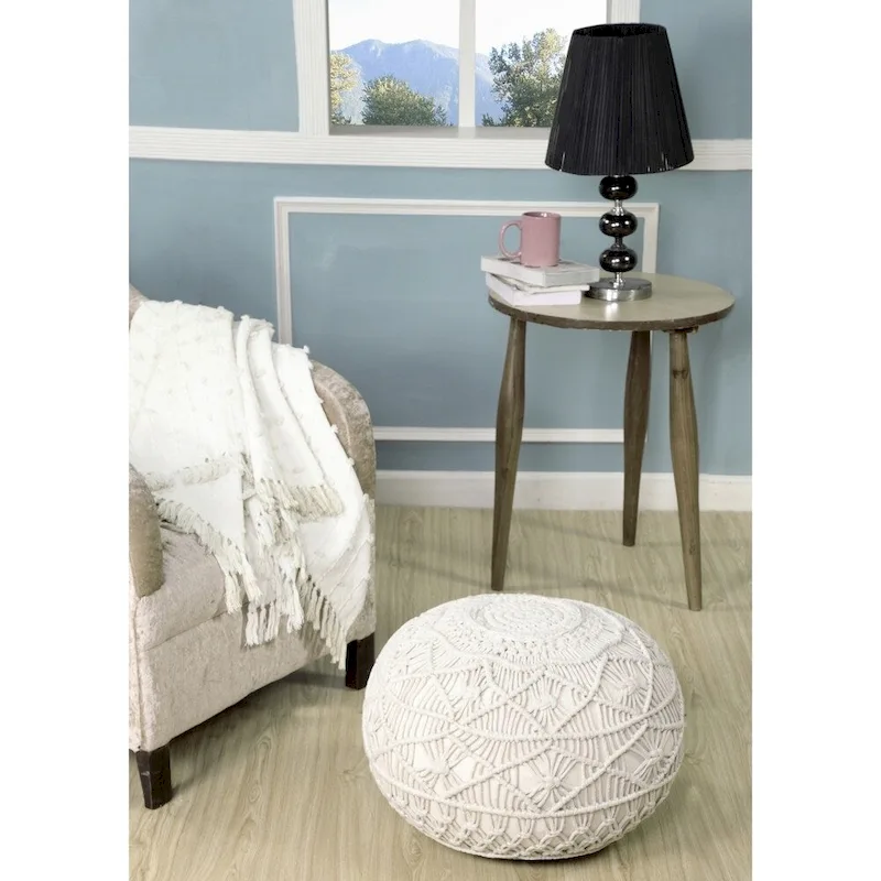 Macrame Cotton Pouf Ottoman Handwoven Boho Footrest Natural White Round