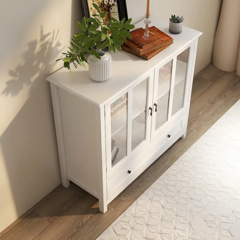 Wood Buffet Storage Cabinet Double Glass Doors Retro Bell Handle Brown
