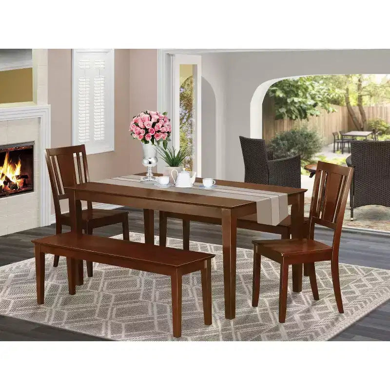 HomeStock 5-Piece Rectangle Mahogany Finish Solid Wood Top Dining Table with 2 Benches, 2 Chairs