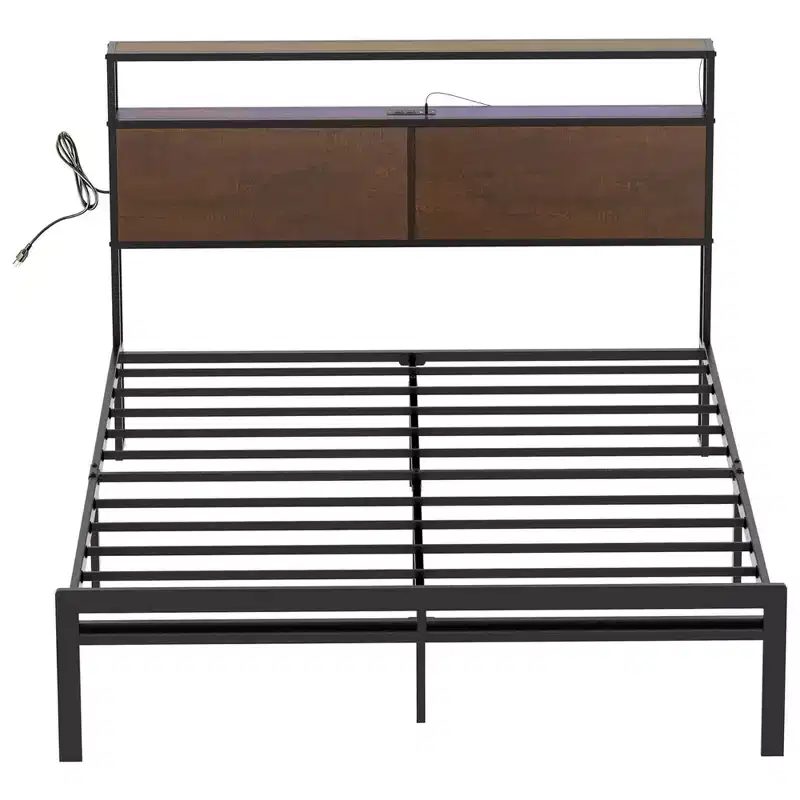 HAUSOURCE Full Bed Frame with Storage Headboard, Noise Free Design, 13 Heavy Duty Metal Slats, and Metal Platform Bed for Family and Master bedrooms