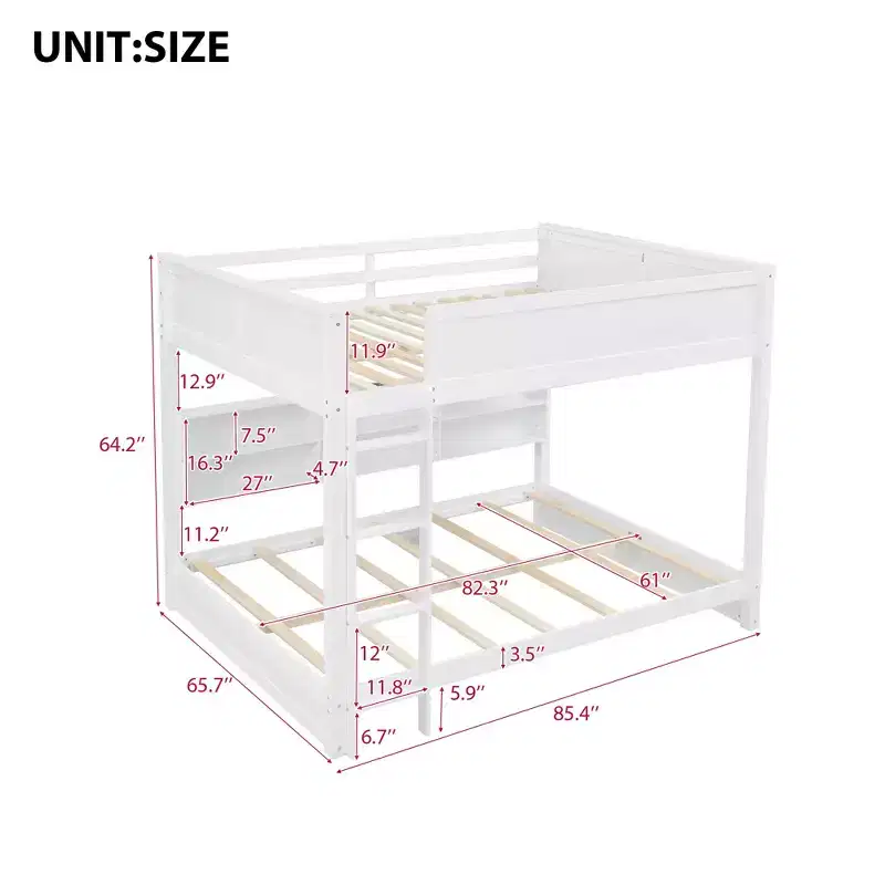 Bellemave Queen over Queen Bunk Bed with Storage Cabinets and USB Ports, White