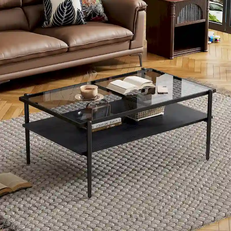 Rectangular Tempered Glass Top Coffee Table with Metal Legs and Lower Shelf, Gray
