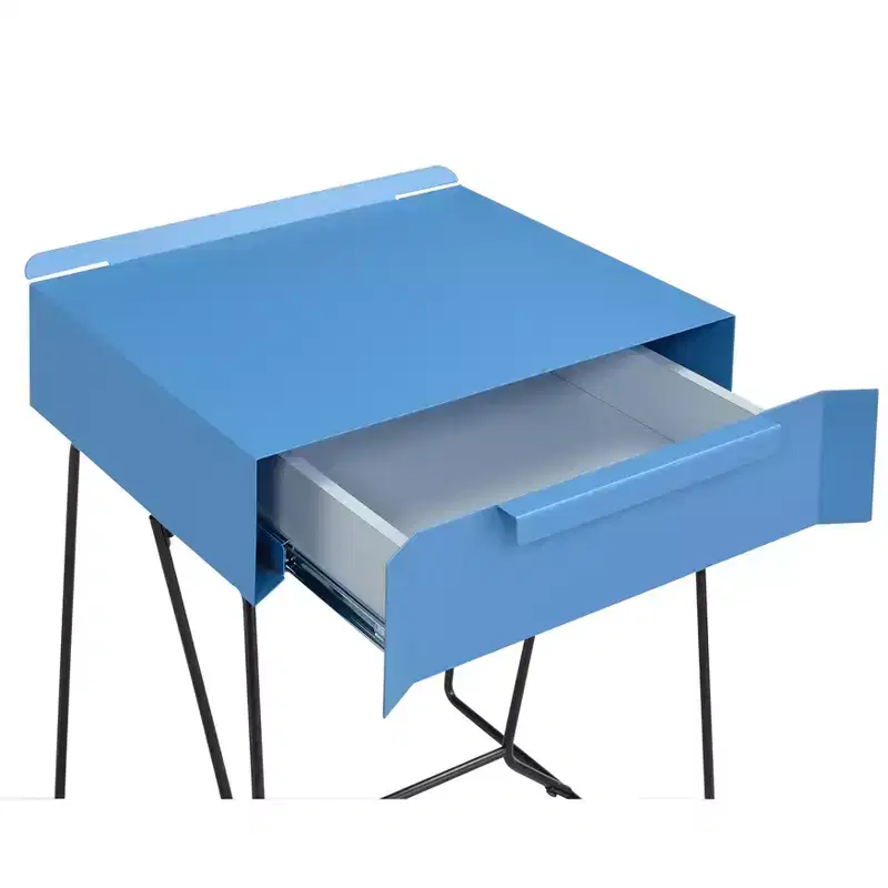 Modern Side Table Blue �C 1-Drawer Geometric Metal Base, 58,1 cm High