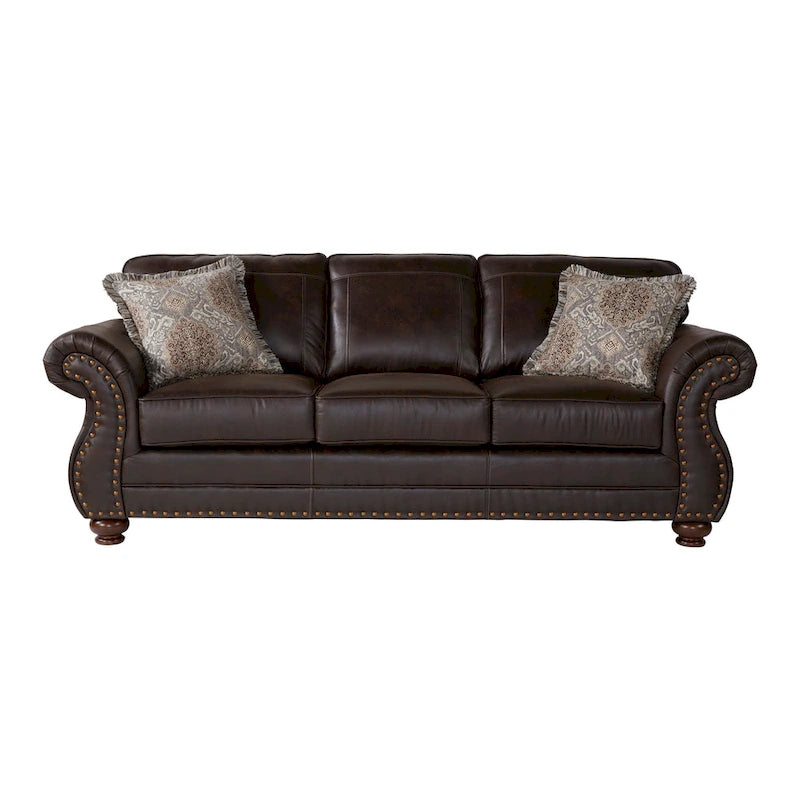 Roundhill Furniture Leinster Fabric Upholstered Nailhead Sofa and Loveseat Set in Espresso