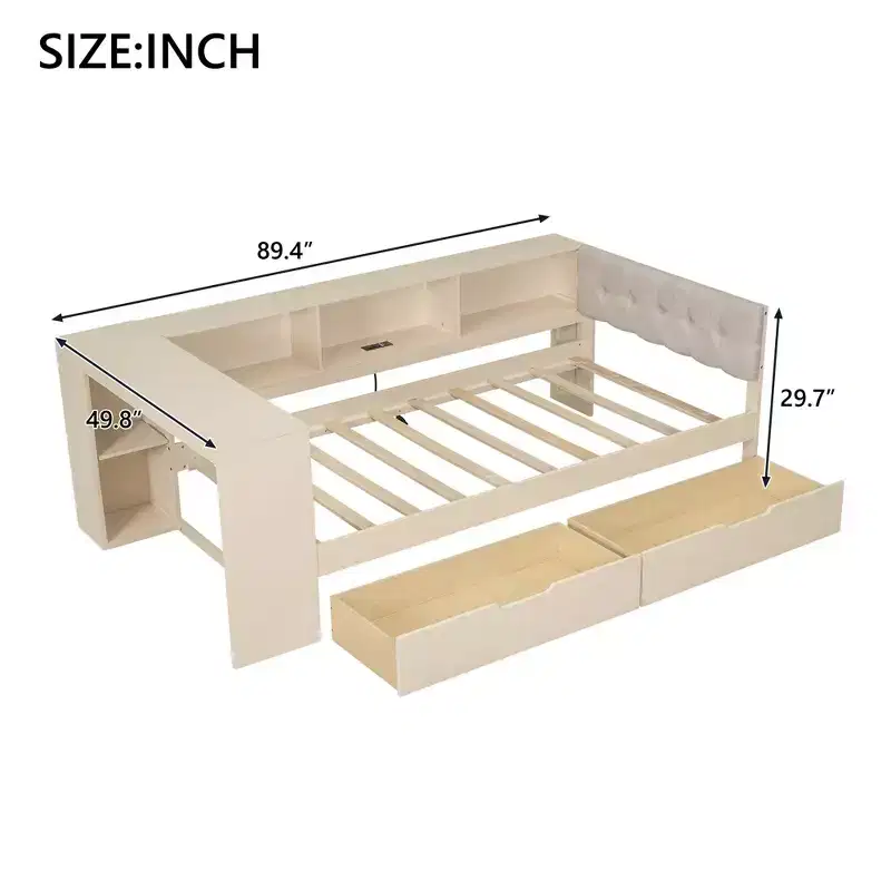 Luxystar Twin Size Platform Bed with Storage Shelves, 2 Drawers, Charging Station and Upholstered Headboard