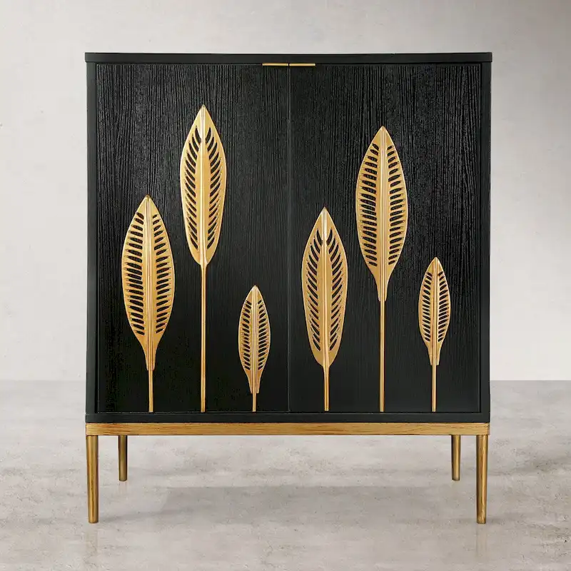 Mid-Century Modern Black Wood 2-Door Accent Cabinet with Gold Leaf Decor