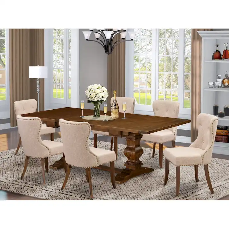 East West Furniture Dining Table Set- a Rectangle Dinner Table and Light Tan Linen Fabric Chairs, (Pieces Option)