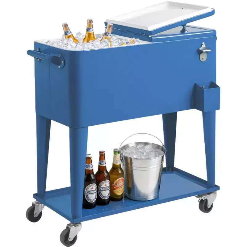 NAYSAYE 80 Quart Rolling Ice Chest Portable Bar Drink Cooler with Catch Basin, Bottom Storage Tray for Patio Party BBQ Beach, Blue, 34.3*15.2*35.8
