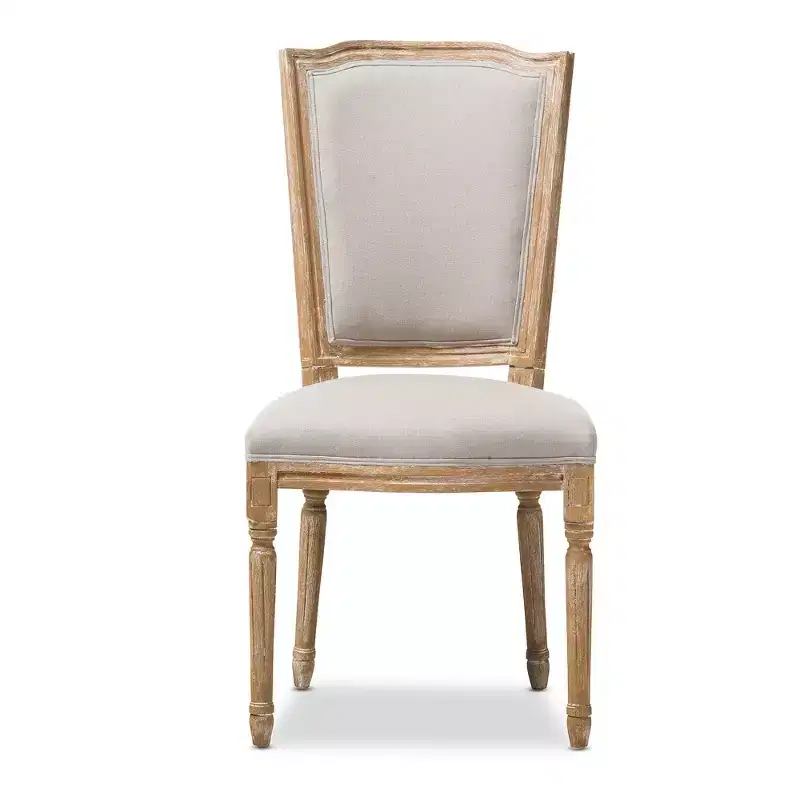 French Vintage Dining Chair �C Weathered Oak & Beige Linen, No Assembly