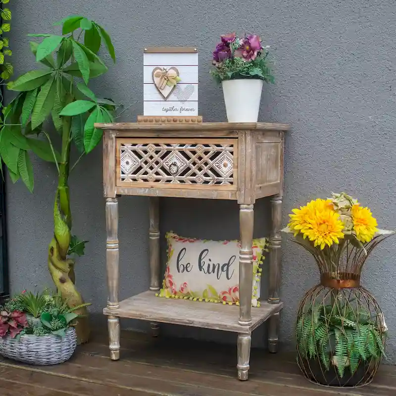 Brown Farmhouse Nightstand with Drawer, Wood Top, 1-Tier Open Shelf
