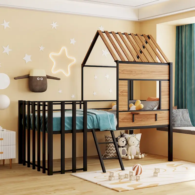 Black Twin Size Metal House Loft Bed with Roof, Window and Ladder