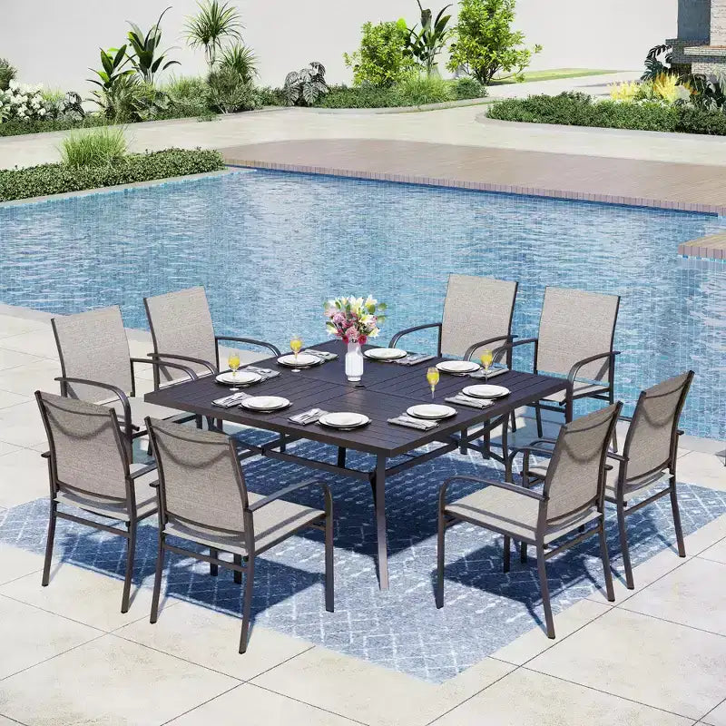 Captiva Designs 9pc Spacious Slat-top Square Metal Table with Umbrella Hole & Sling Fixed Dining Chairs