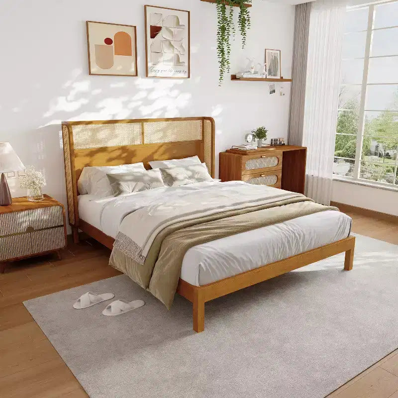 King/Queen Platform Bed Frame with Headboard, Mid Century Modern Rubber Wood Bed for Bedroom, Natural - ModernLuxe