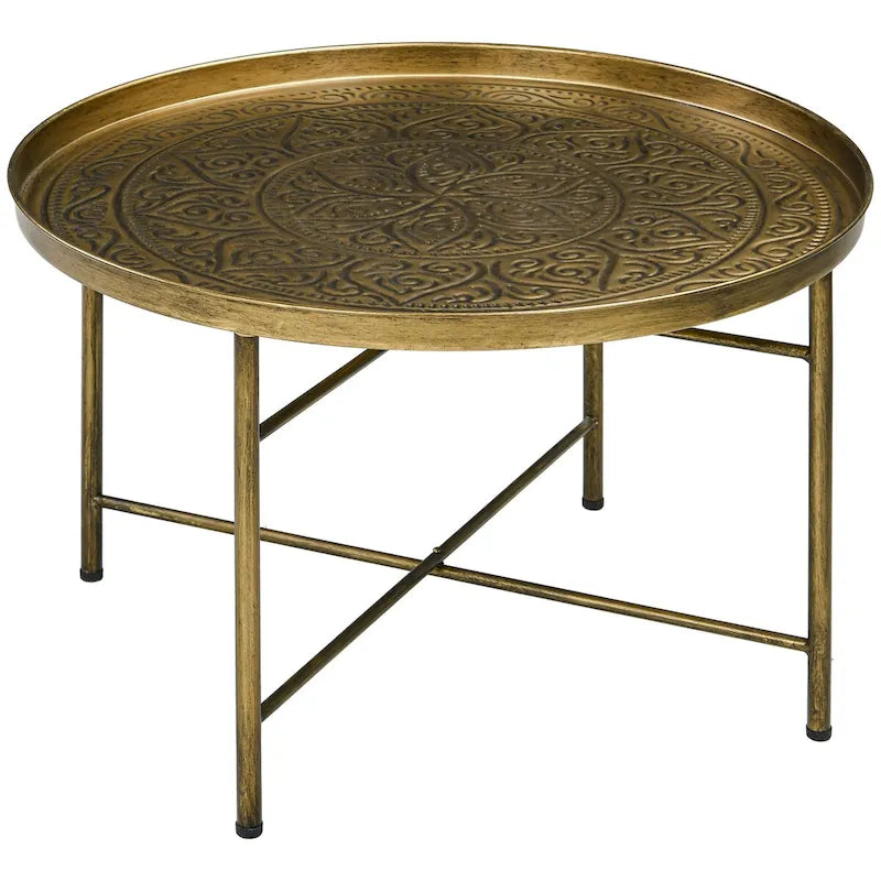 24 Round Coffee Table with Hammered Tray Top, Vintage Metal Center Table for Living Room, Bedroom, Side Table,Gold