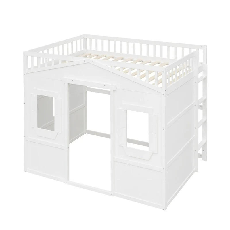 White Full Size Solid Pine Wood Loft Bed with Ladder, 400 lbs Capacity