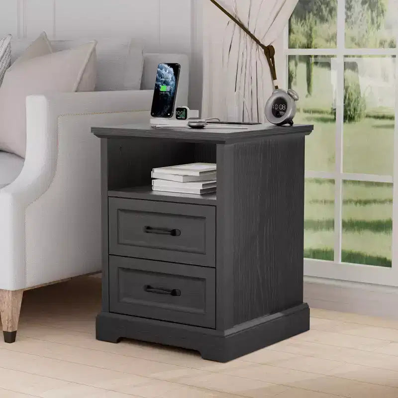 Hommpa Modern Rustic Bedside Table Nightstand with Charging Station, 2 Drawers & Storage