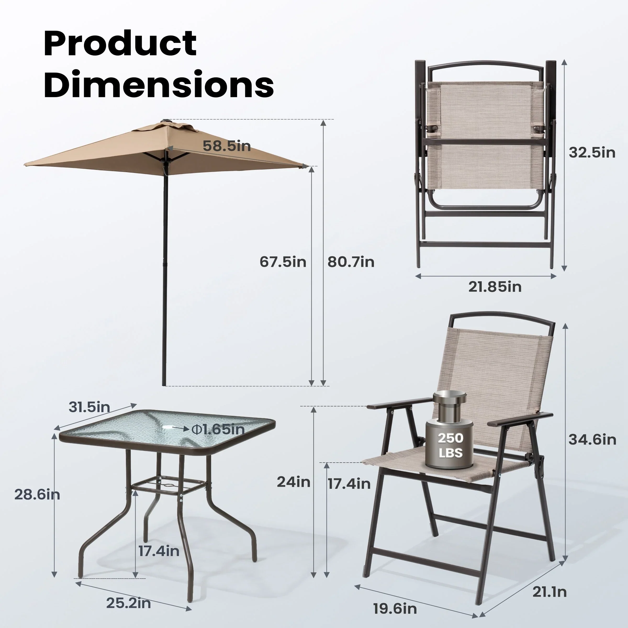 Pellebant 6 Piece Patio Set with Table, Umbrella and 4 Folding Chairs - 22.4Wx26.8Dx34.4H