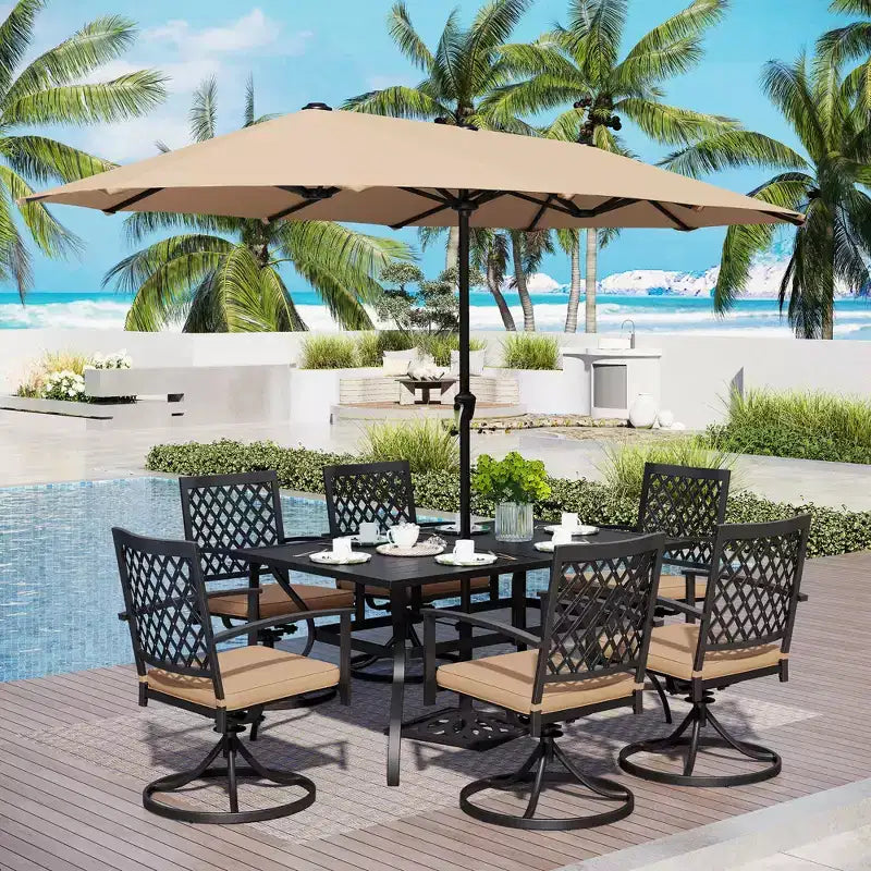Captiva Designs 8pc Outdoor Rectangular Steel Dining Table & Black Steel Chairs & Market Umbrella