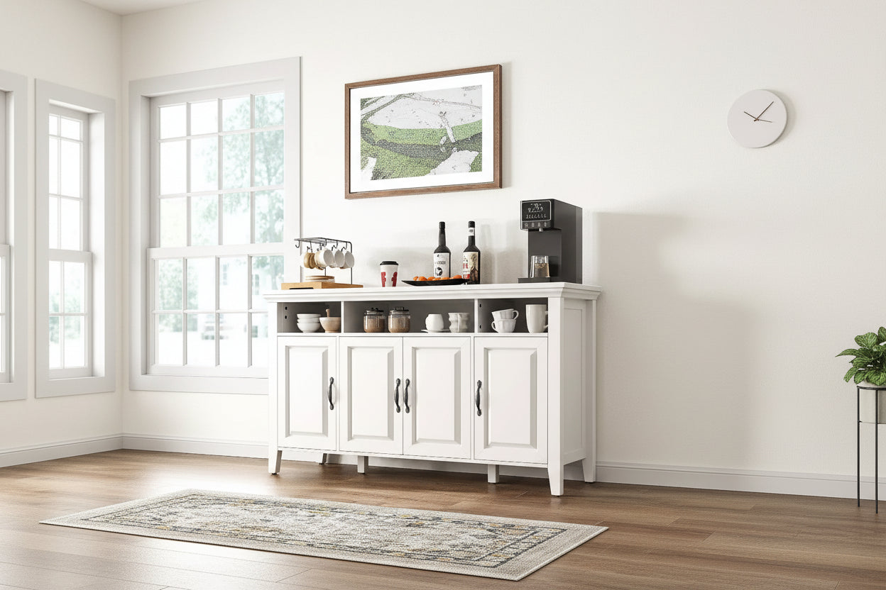 55" Large Sideboard Buffet Cabinet with 4 Doors & Adjustable Shelves, White Farmhouse