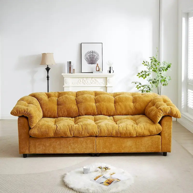99-Inch Deep Seat Sofa – Yellow / Beige / Grey / Green, Chenille, Solid Wood Frame, Seats 3