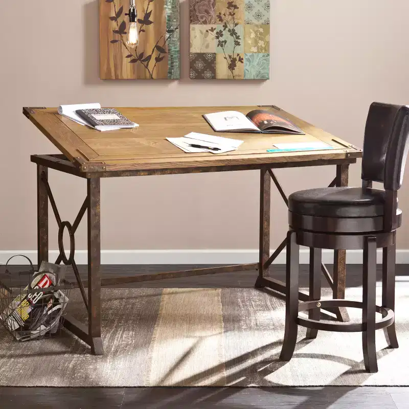 Industrial Tilt-Top Drafting Table �C Weathered Oak & Antique Brass, 51.5" Wide