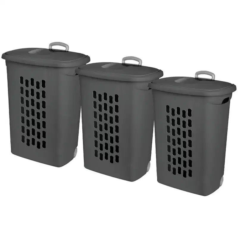 Sterilite Ultra Wheeled Hamper, Laundry Basket w/Lid & Handle, Flat Grey, 3 Pack