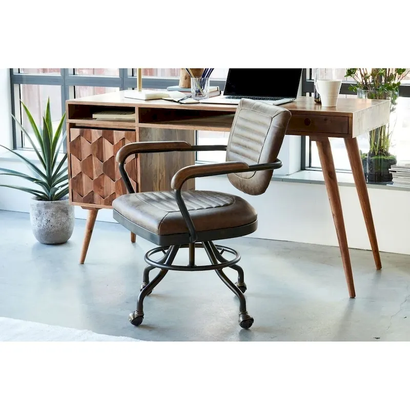 Rustic Vintage Brown Leather Padded Swivel Desk Chair with Armrests