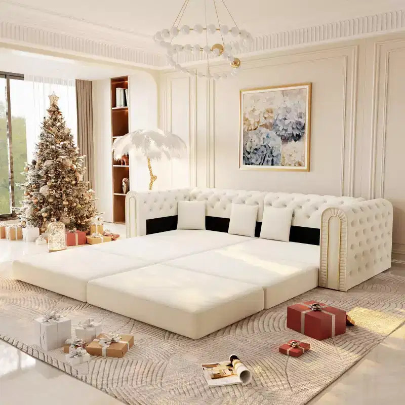 Modern 3-in-1 Convertible Sleeper Sofa Bed with Ottoman and Pillows, Velvet Reclining Couch for Living Room, Guest Room or Lounge - Panipeachy