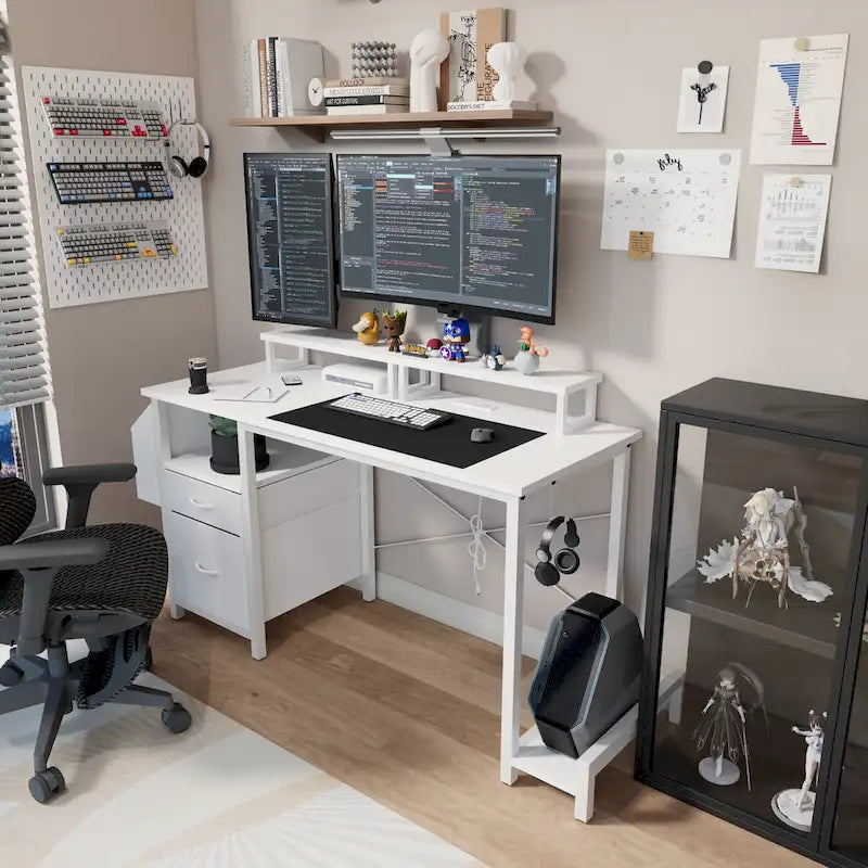 Modern Computer Office Desk with Power Station and Dual Monitor Stands and 2 Drawers for Home Office or Study Organization