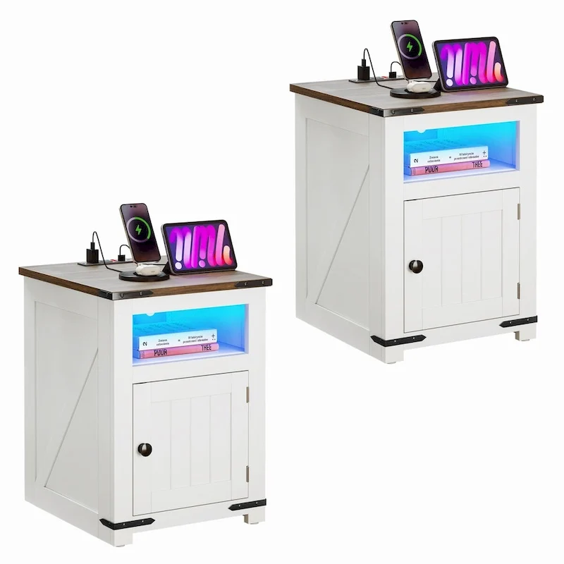 Moasis Set of 2 Farmhouse LED End Table with Charging Station Sofa Side Table USB Ports