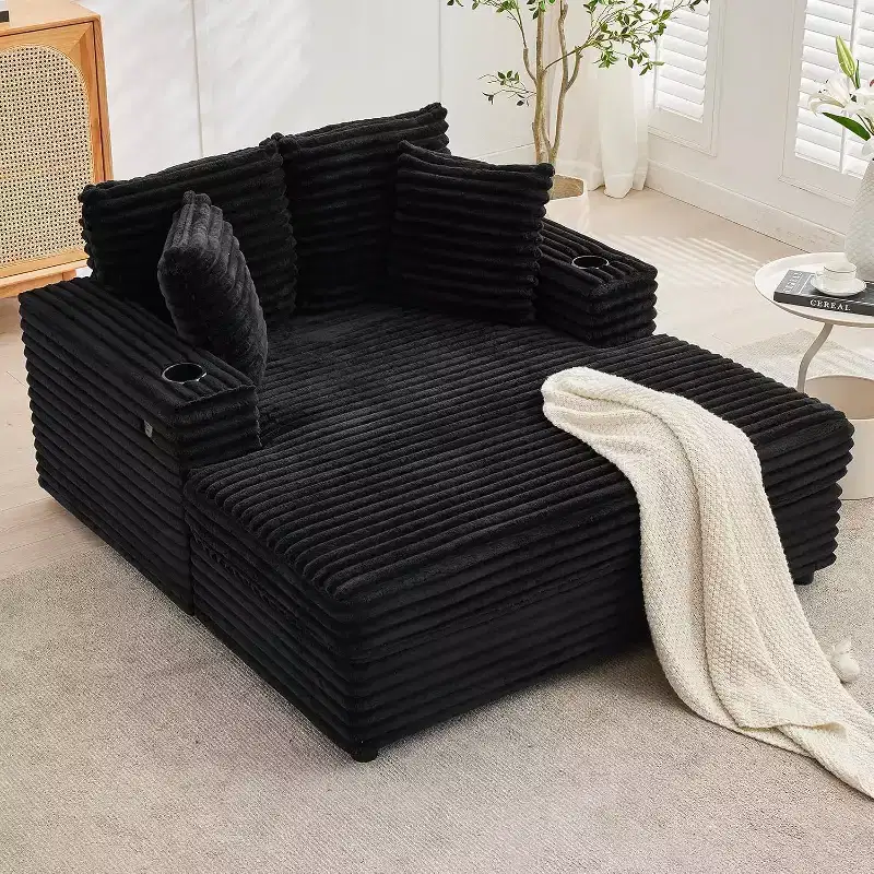 Oversized Chaise Lounge Chair with Throw Pillows and Armrests, Corduroy Upholstered Sofa Bed for Living Room and Bedroom