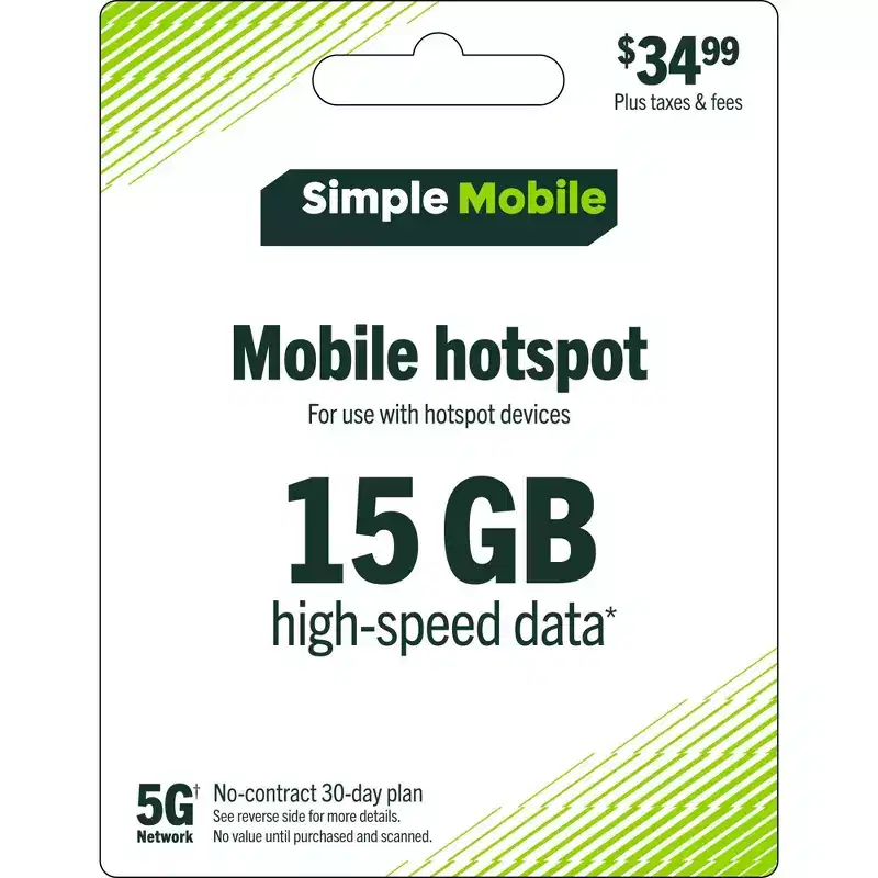 SIMPLE MOBILE Mobile Hotspot 15GB Data 30 Day Plan (EMAIL DELIVERY)- $34.99