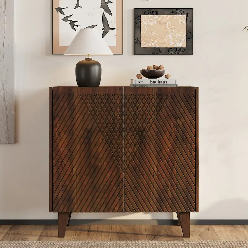 Fluted Mango Wood Accent Cabinet Two-Door Honey Storage Sideboard