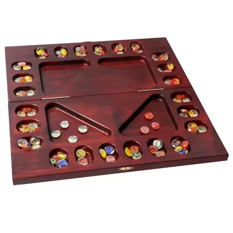 GSE 4-Player Mancala Board Game with Multi-Color Glass Stones, Folding Wooden 4-Way Mancala - Mahogany/Oak